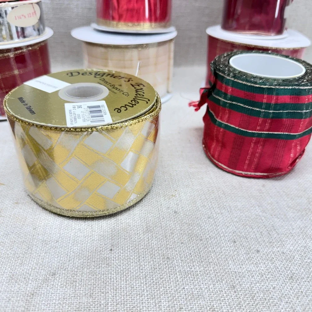 Vintage Holiday Ribbon Lot Christmas Wired Satin Metallic Plaid 15+ Spools